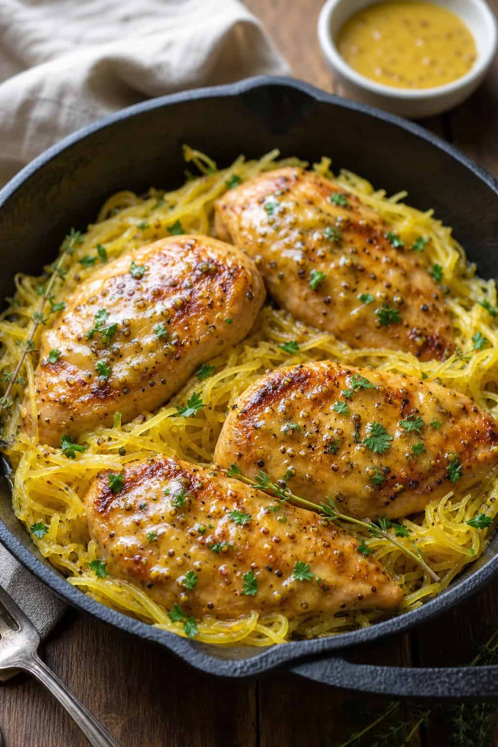 A skillet with honey mustard chicken and spaghetti squash garnished with fresh herbs on a wooden table.