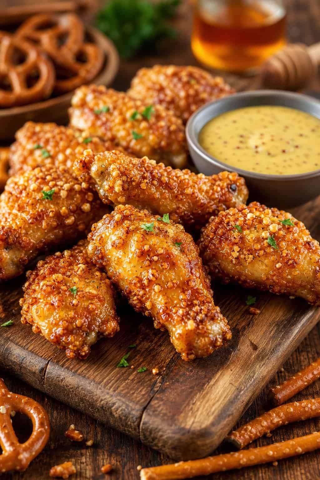 Close-up of crispy honey-mustard pretzel-crusted chicken wings with a bowl of honey-mustard dipping sauce on a wooden board.