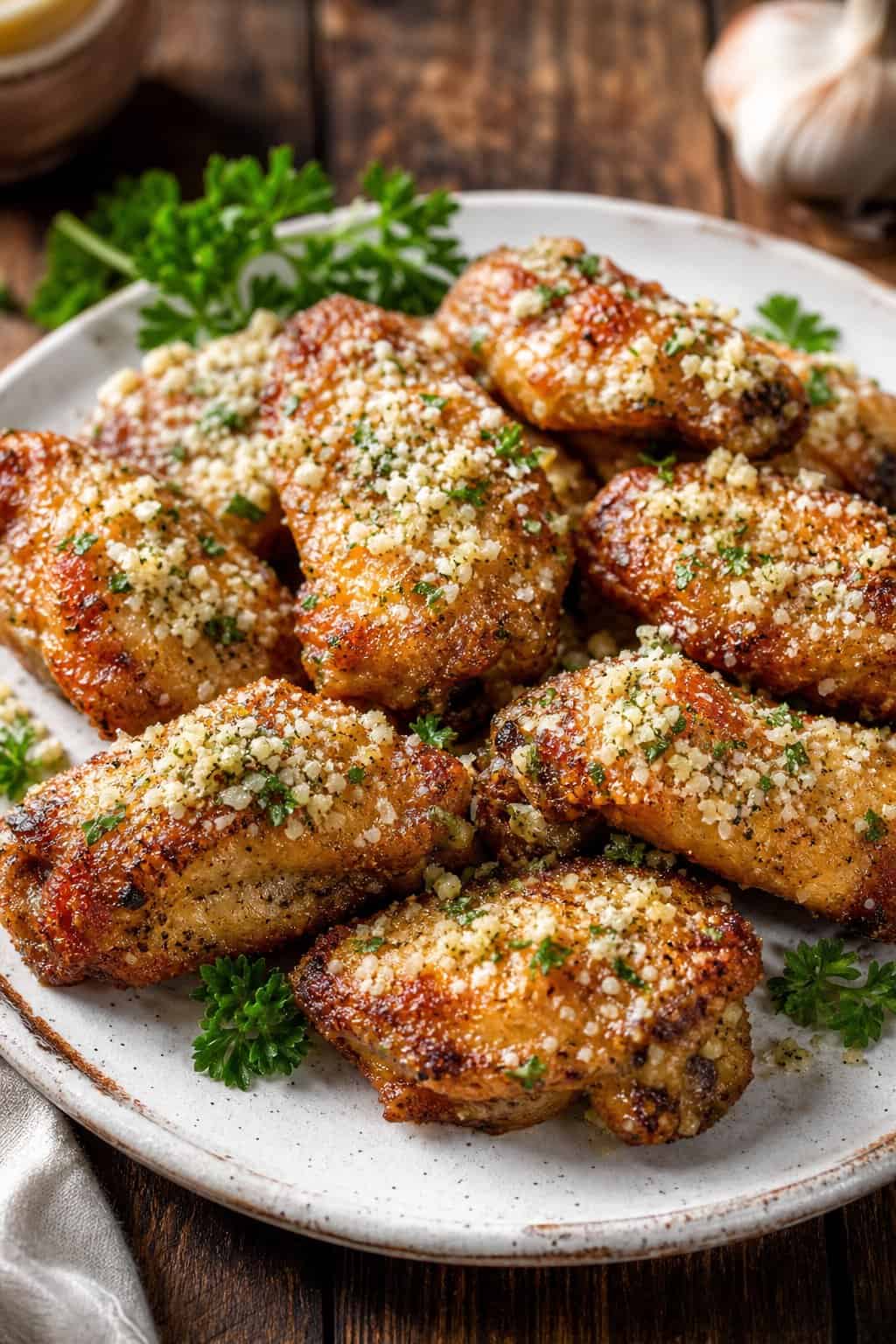 A plate of crispy garlic parmesan chicken wings garnished with parsley on a wooden table.