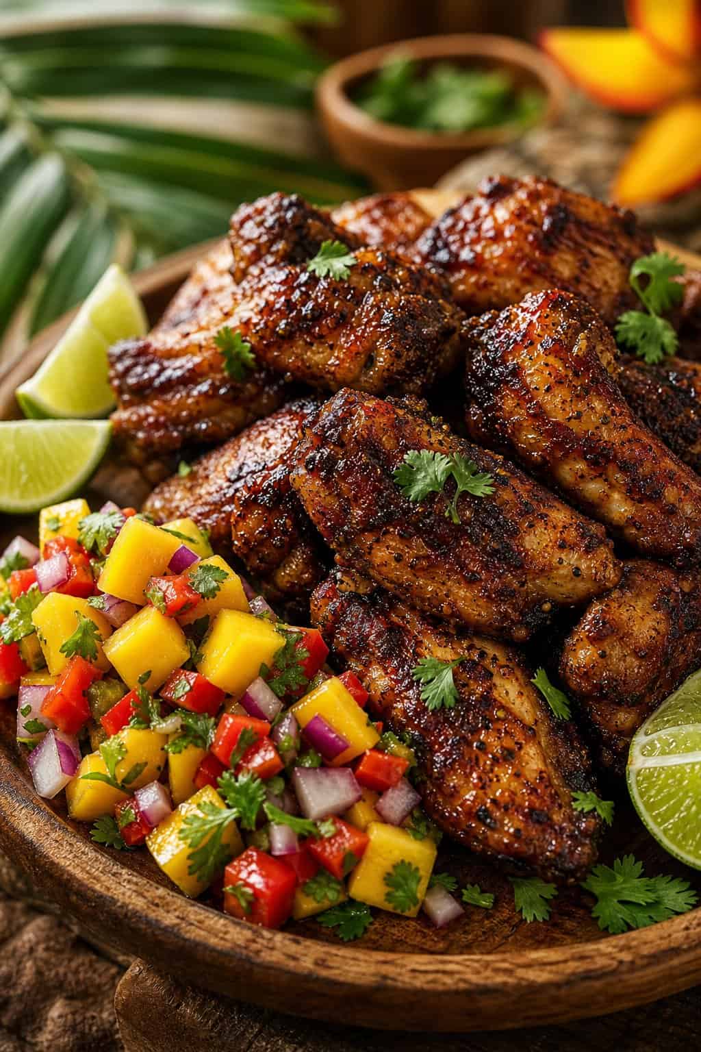 22 Crispy Air Fryer Chicken Wing Recipes 16 Close-up of crispy jerk-spiced chicken wings served with colorful mango salsa and lime wedges on a wooden platter.