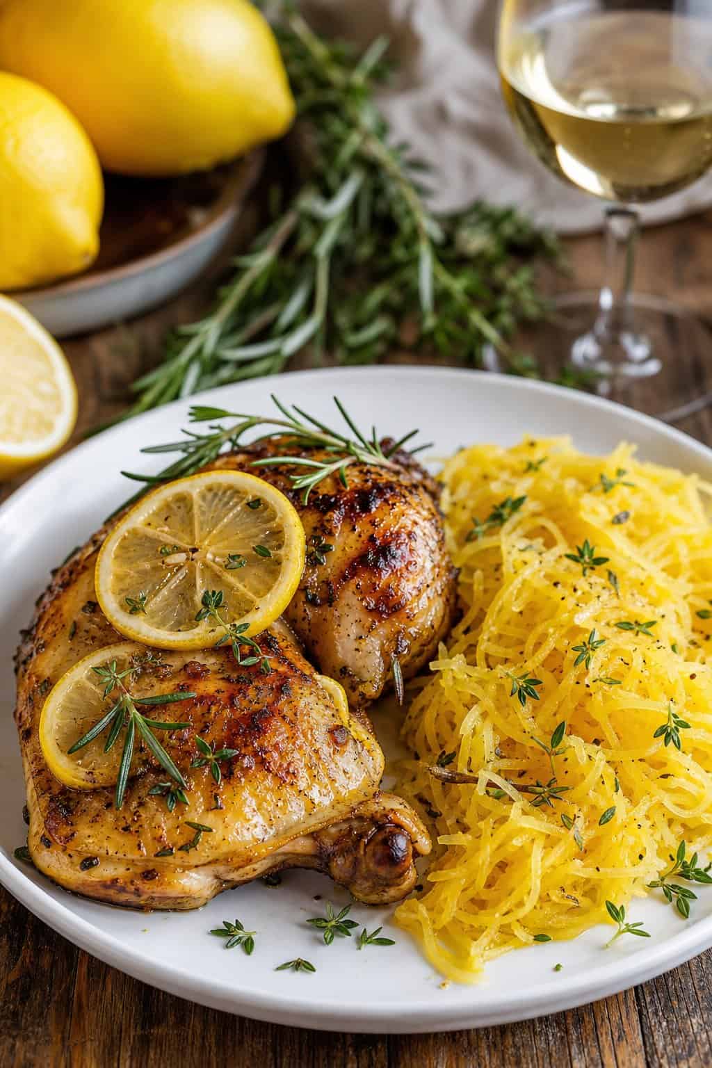A plate with lemon herb roasted chicken and spaghetti squash garnished with fresh herbs on a wooden table.