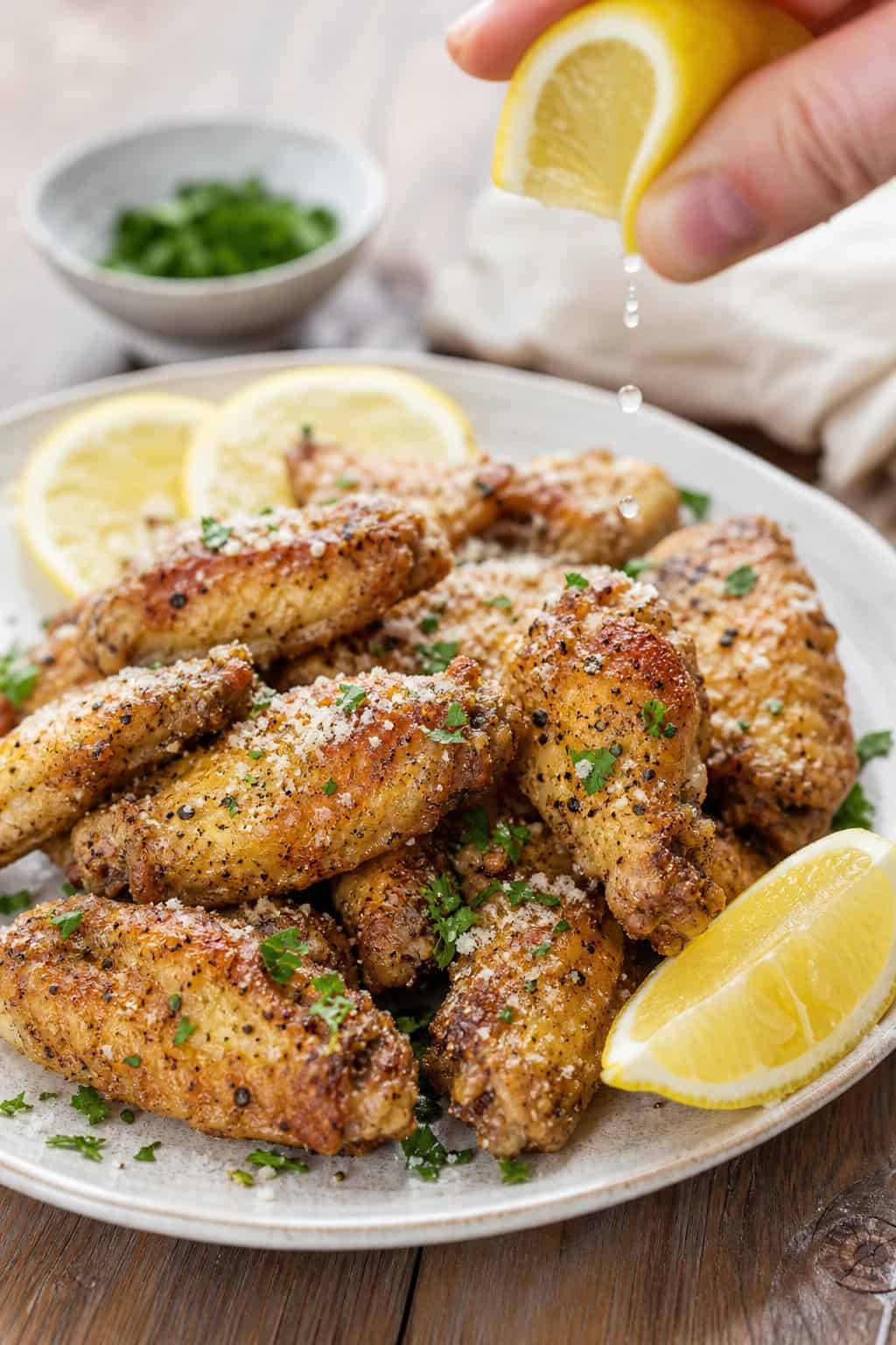 A plate of crispy lemon-pepper parmesan chicken wings with lemon wedges and parsley garnish on a wooden table.