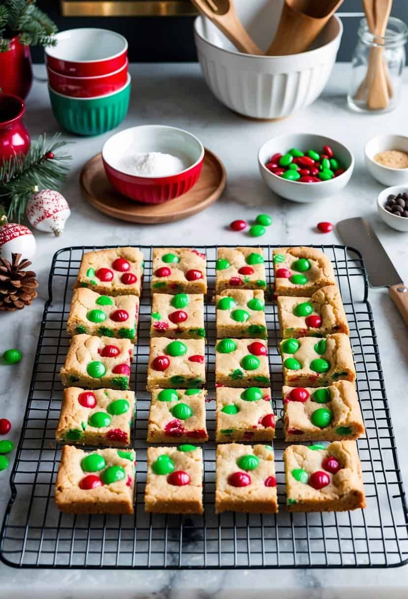 A festive kitchen counter with a batch of M&M Christmas cookie bars cooling on a wire rack, surrounded by holiday baking ingredients and utensils