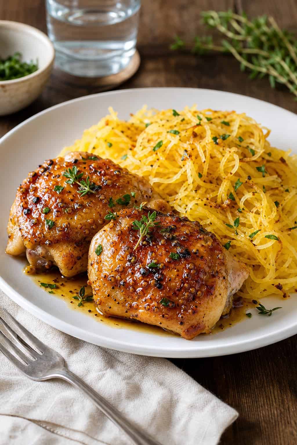 A plate with maple dijon chicken thighs and roasted spaghetti squash garnished with fresh herbs on a wooden table.