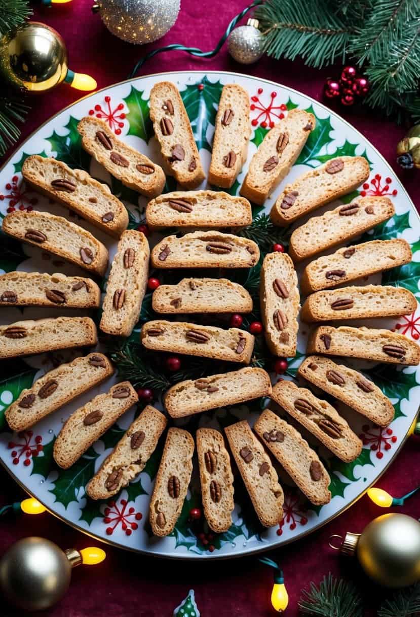 20 Christmas Cookie Recipes for the Holidays 18 A festive spread of maple pecan biscotti arranged on a holiday-themed platter, surrounded by festive decorations and twinkling lights