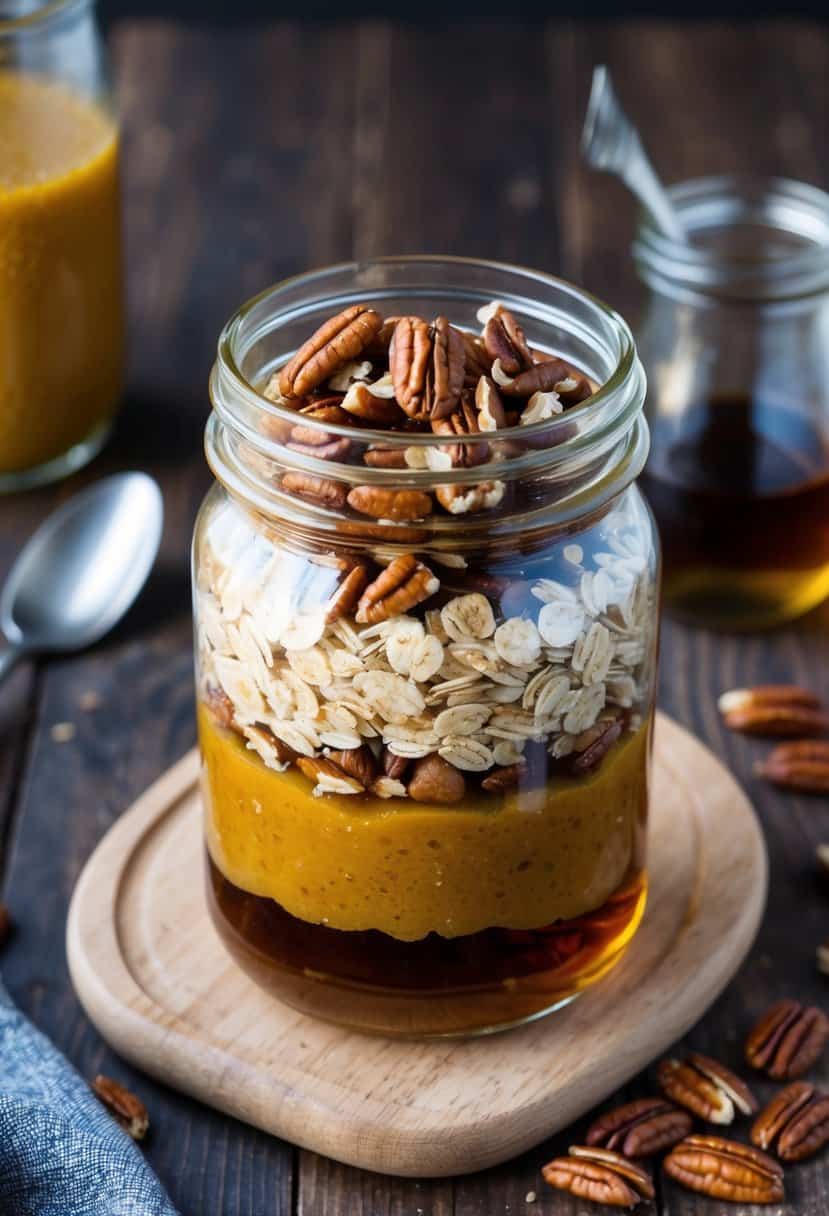 A glass jar filled with layers of oats, maple syrup, and pecans, set on a wooden table with a spoon and a scattering of pecans