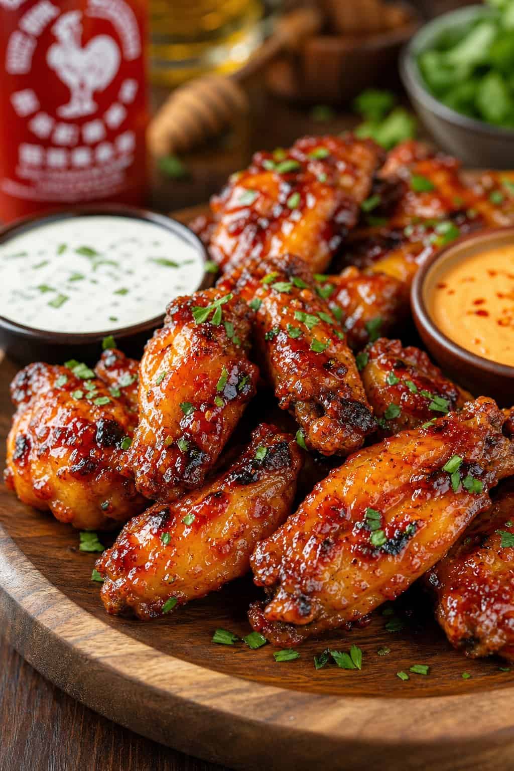 A plate of crispy chicken wings coated in sticky maple-sriracha sauce, garnished with fresh herbs and accompanied by dipping sauces on a wooden platter.