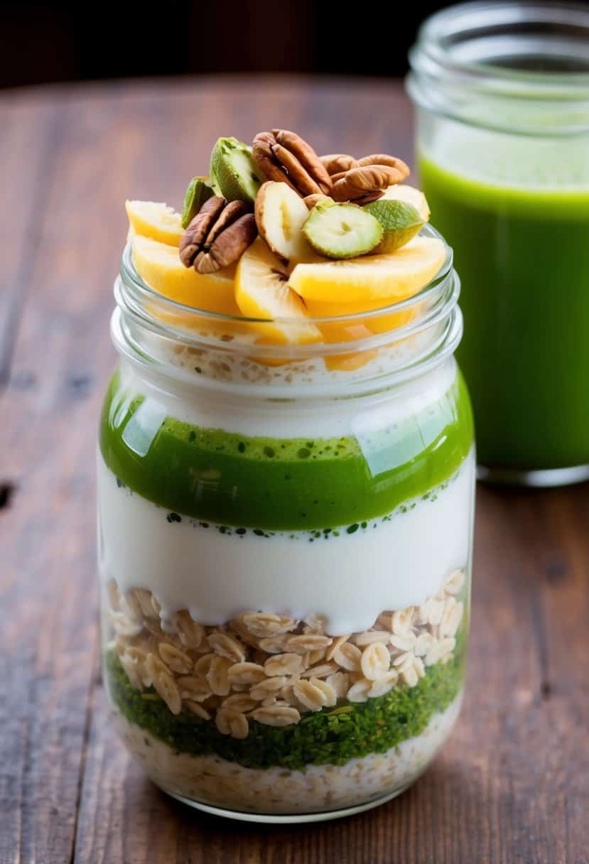 A glass jar filled with layers of oats, matcha green tea, and milk, topped with sliced fruit and nuts, sitting on a wooden table