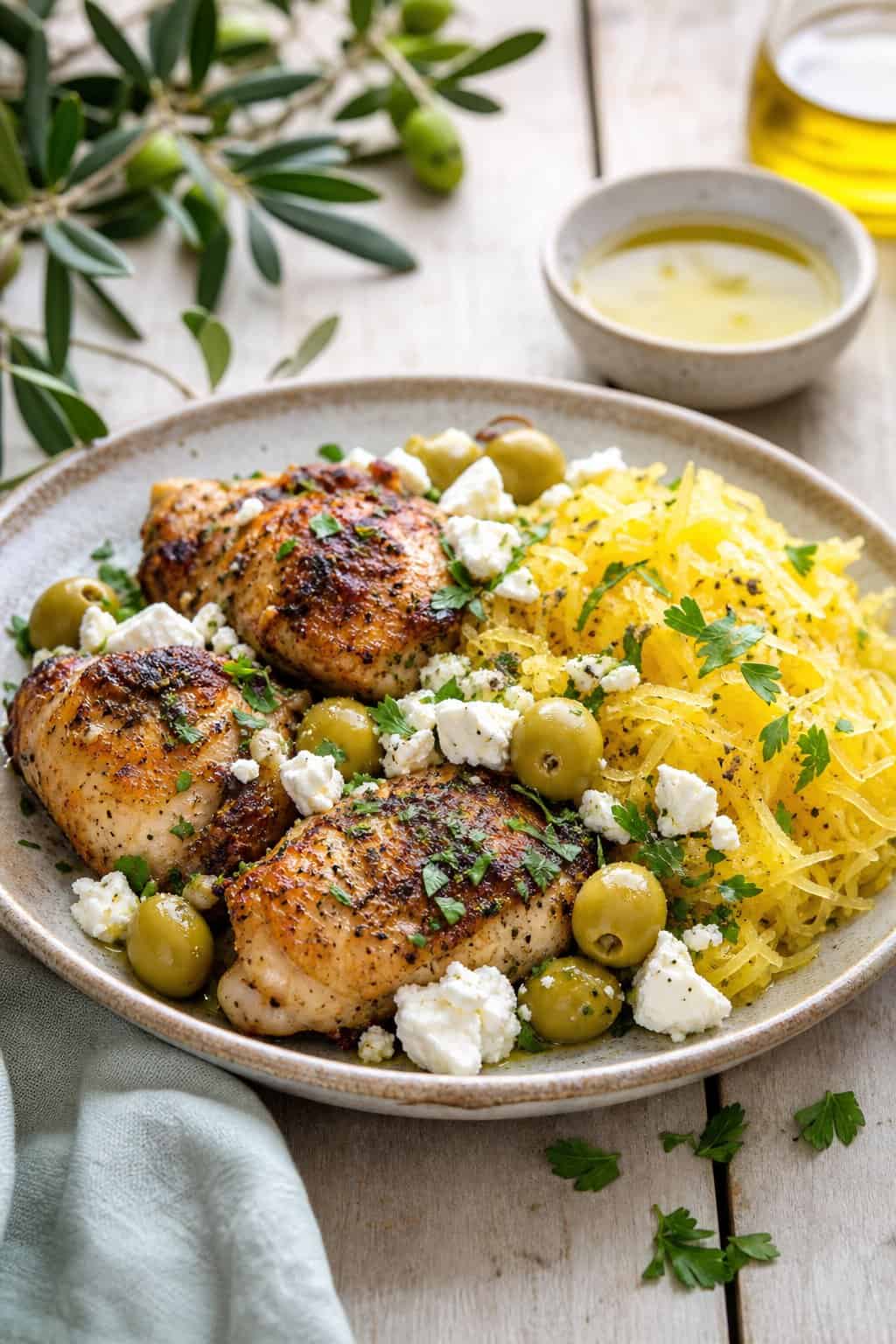 A plate of roasted chicken with olives, feta cheese, and spaghetti squash garnished with fresh herbs on a wooden table.