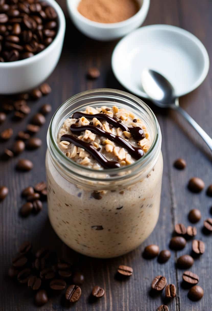 A glass jar filled with mocha overnight oats, surrounded by scattered coffee beans and a drizzle of chocolate syrup