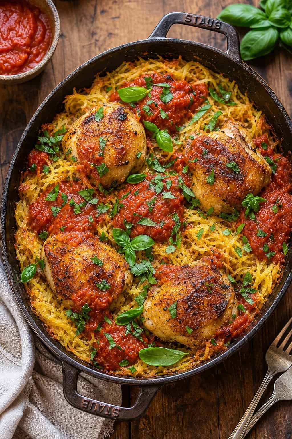 22 Chicken and Spaghetti Squash Recipes You’ll Love to Try Tonight! 2 A baked chicken dish with roasted spaghetti squash and marinara sauce served in a pan on a wooden table.