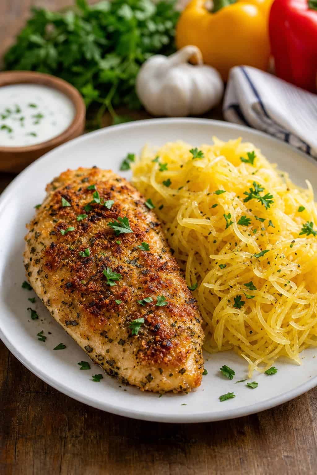 A plate with ranch seasoned chicken and roasted spaghetti squash on a wooden table with fresh herbs and a bowl of dressing in the background.