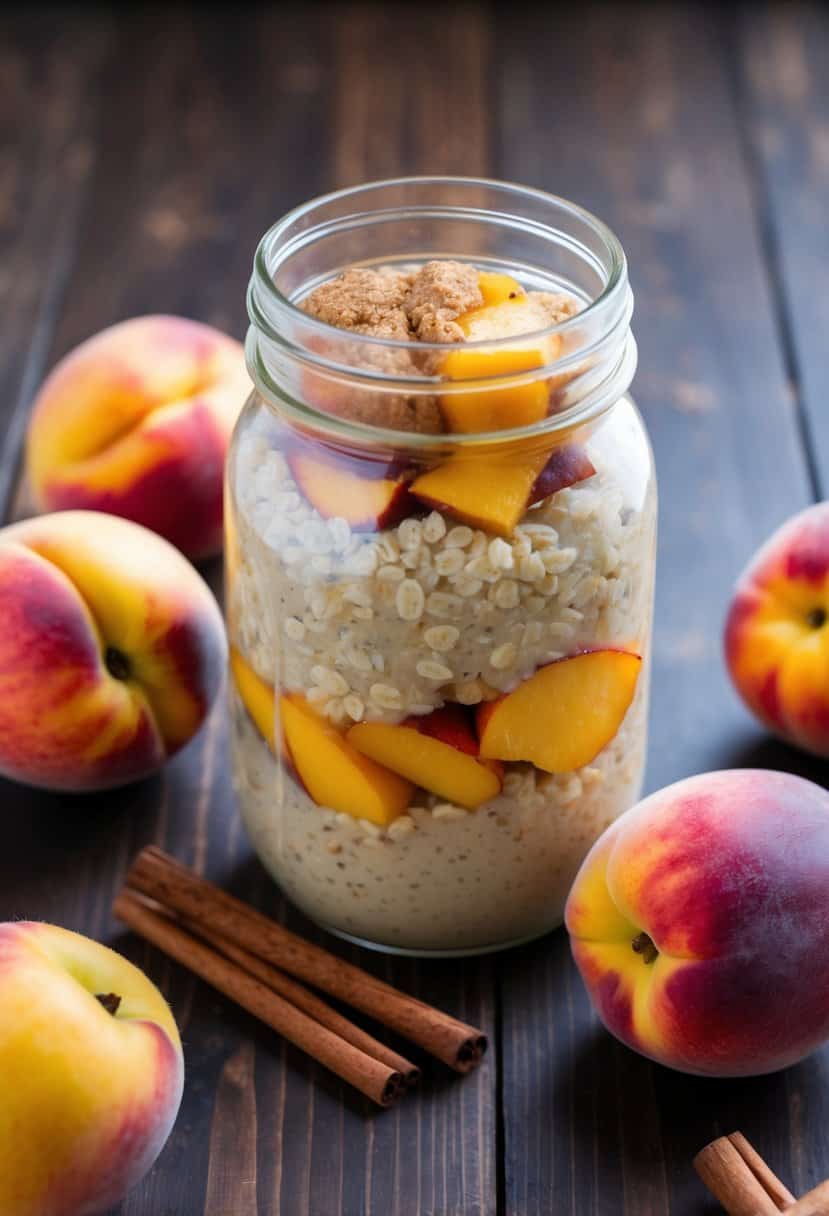 A mason jar filled with peach cobbler overnight oats surrounded by fresh peaches and cinnamon sticks on a wooden table
