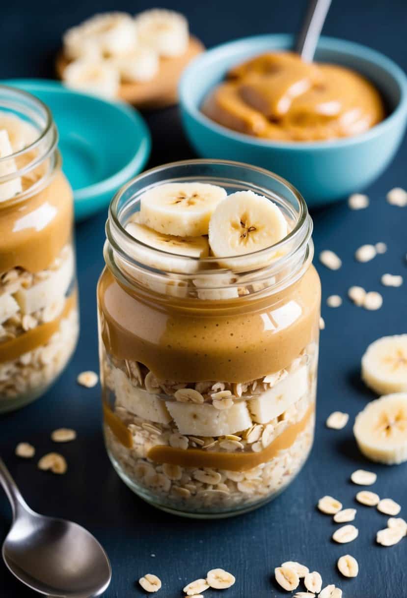 A mason jar filled with layers of oats, peanut butter, and sliced bananas, surrounded by scattered oats and a spoon
