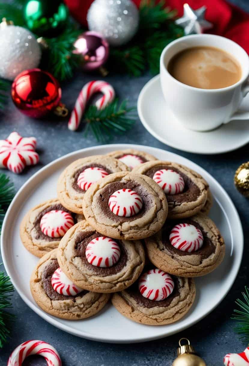 A festive kitchen scene with a plate of peppermint mocha cookies surrounded by holiday decorations and a steaming cup of coffee