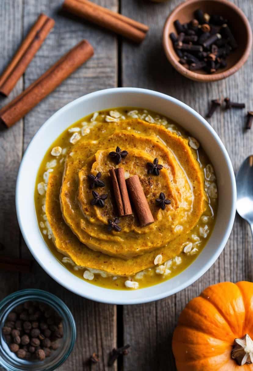 A bowl of pumpkin spice overnight oats sits on a rustic wooden table, surrounded by ingredients like cinnamon sticks, cloves, and a small pumpkin