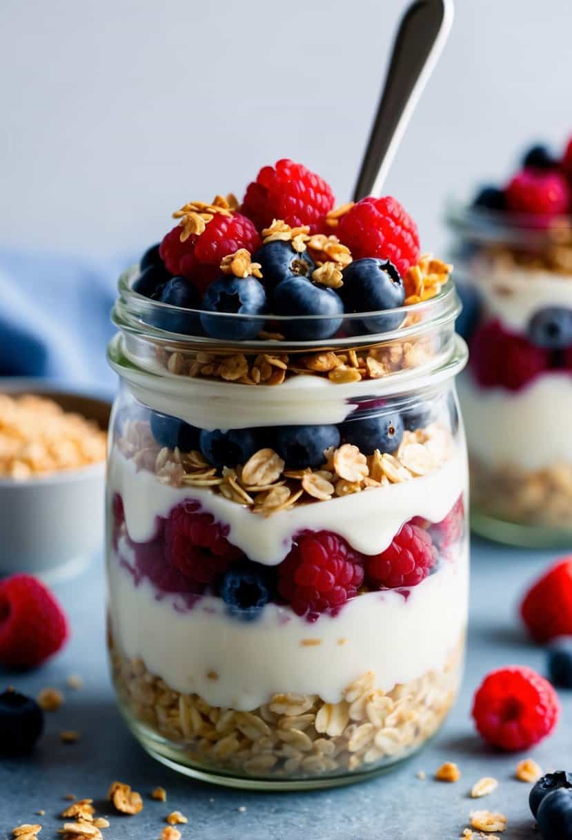 A glass jar filled with layers of oats, raspberries, and vanilla yogurt, topped with fresh berries and a sprinkle of granola