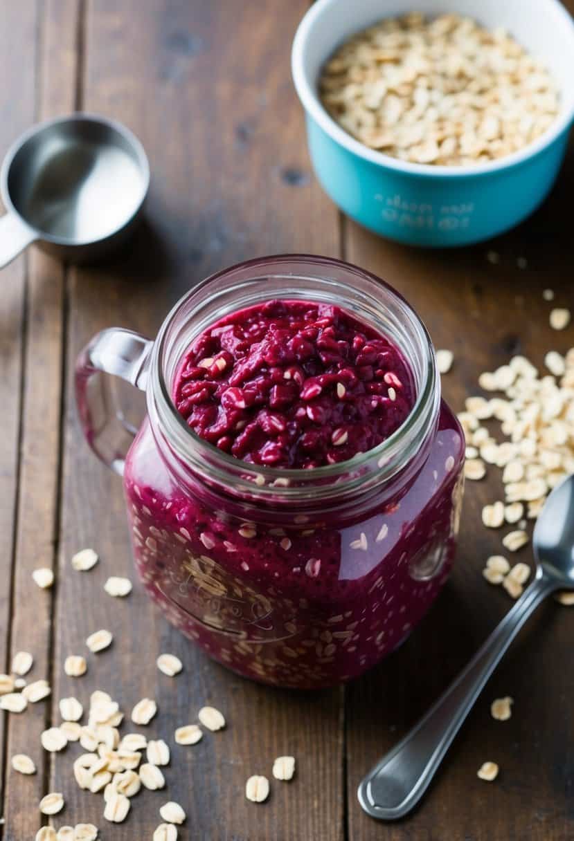 A glass jar filled with red velvet overnight oats, surrounded by scattered oats, a measuring cup, and a spoon on a wooden table