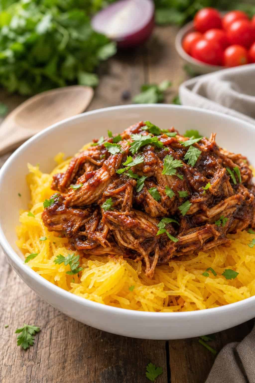 A bowl of BBQ pulled chicken served over spaghetti squash strands, garnished with fresh herbs, on a wooden table.