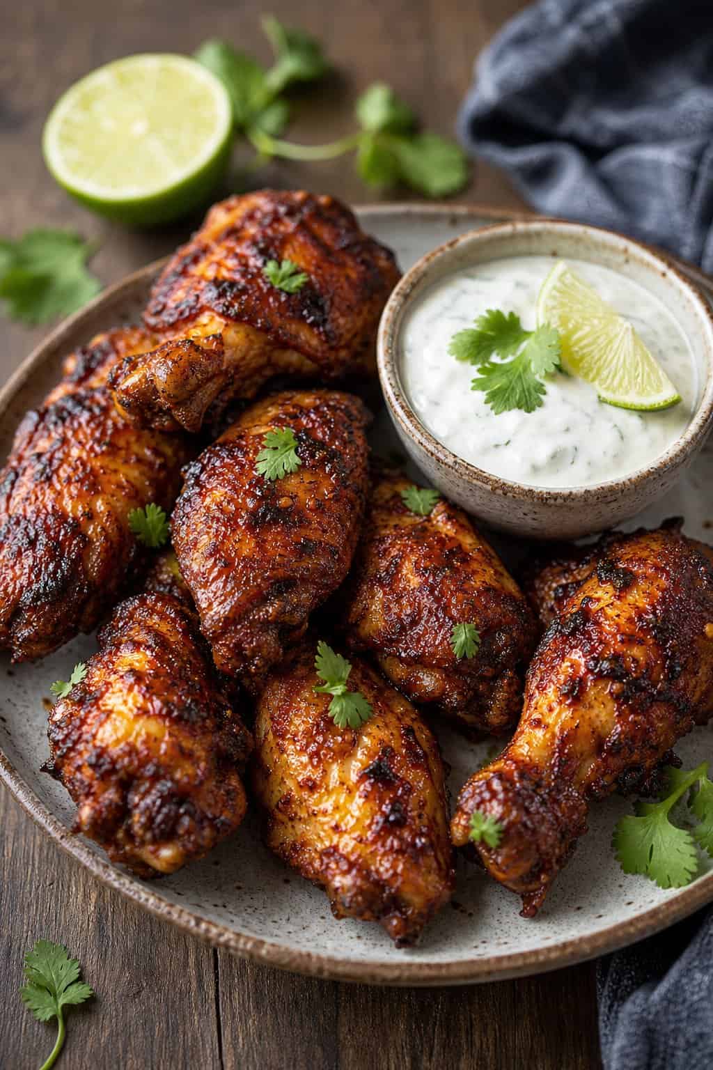22 Crispy Air Fryer Chicken Wing Recipes 5 Plate of crispy chipotle-rubbed chicken wings with a bowl of lime crema sauce and lime wedge on a wooden table.