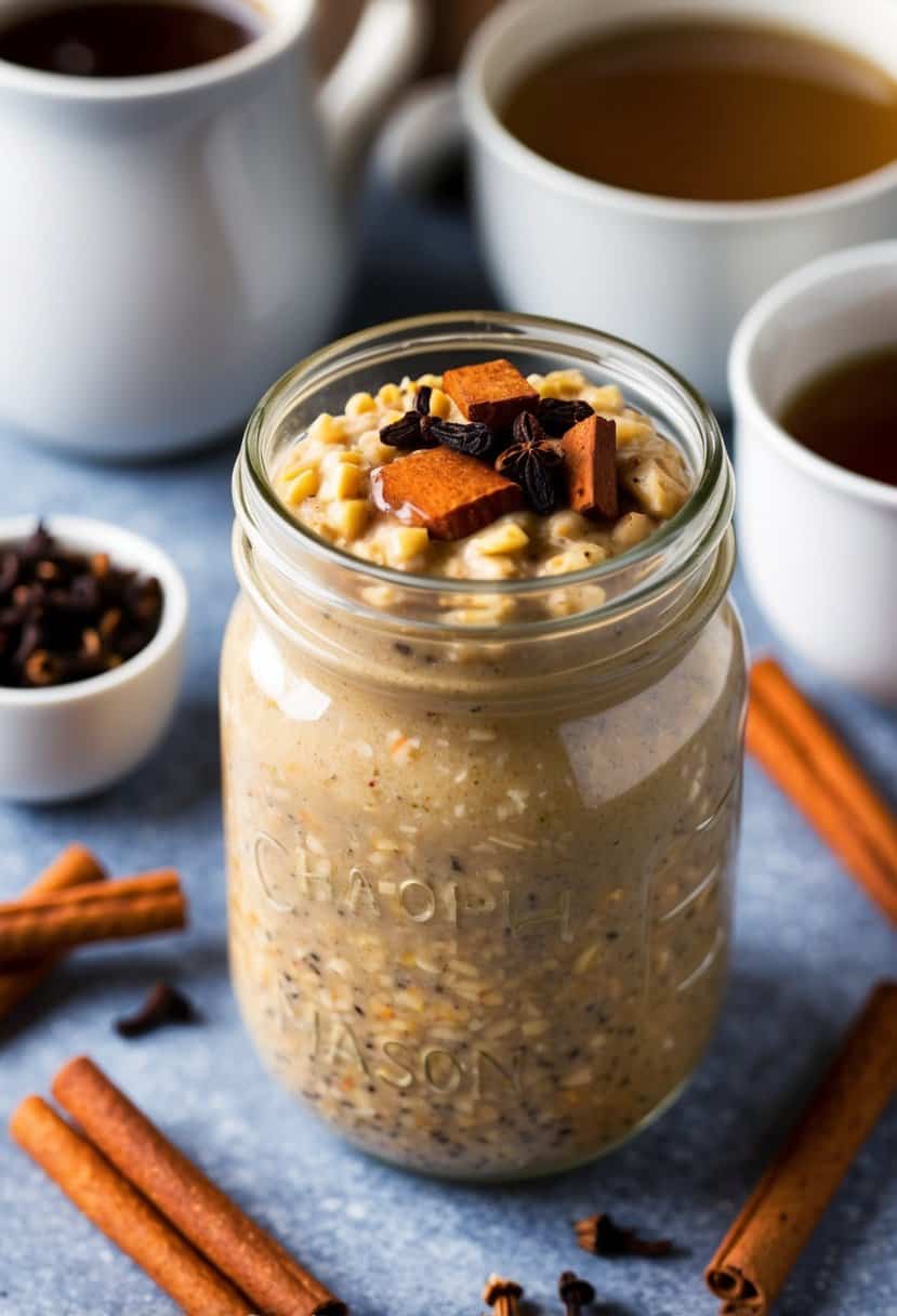 A cozy kitchen scene with a mason jar filled with spiced chai overnight oats, surrounded by ingredients like cinnamon sticks, cloves, and a steaming cup of chai tea