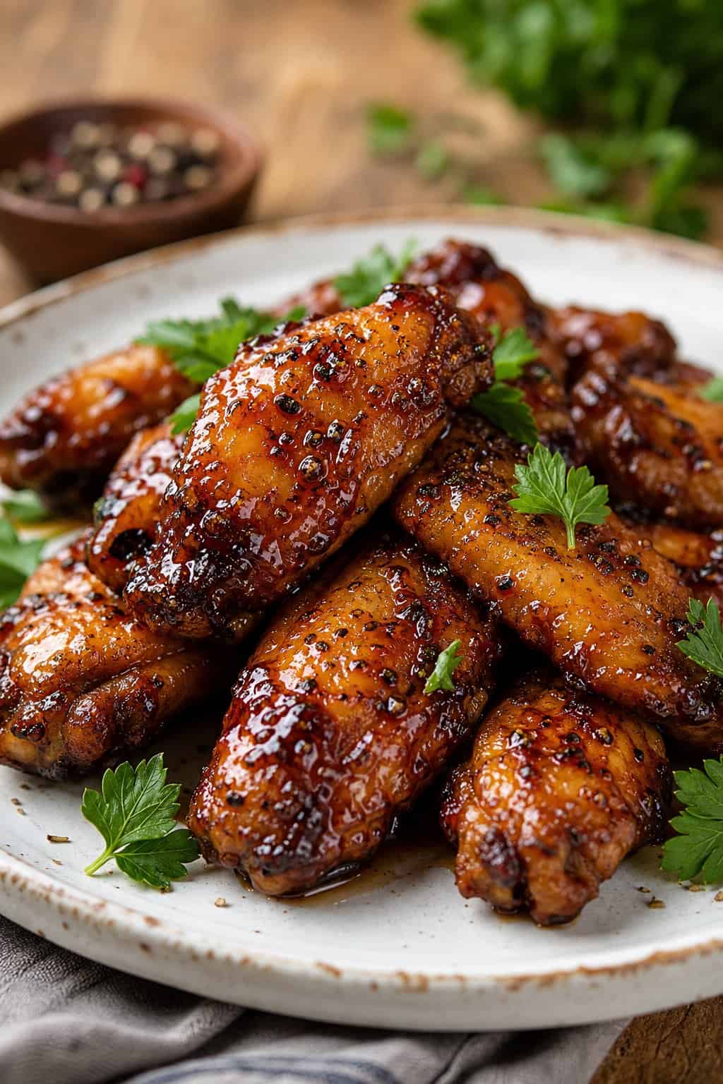 A plate of sticky balsamic honey chicken wings sprinkled with cracked black pepper and garnished with fresh herbs.