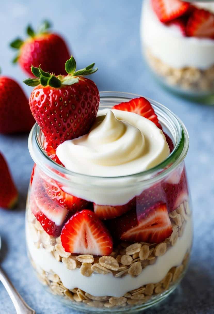 A glass jar filled with layers of oats, yogurt, and strawberries, topped with a dollop of cream cheese, and garnished with a fresh strawberry