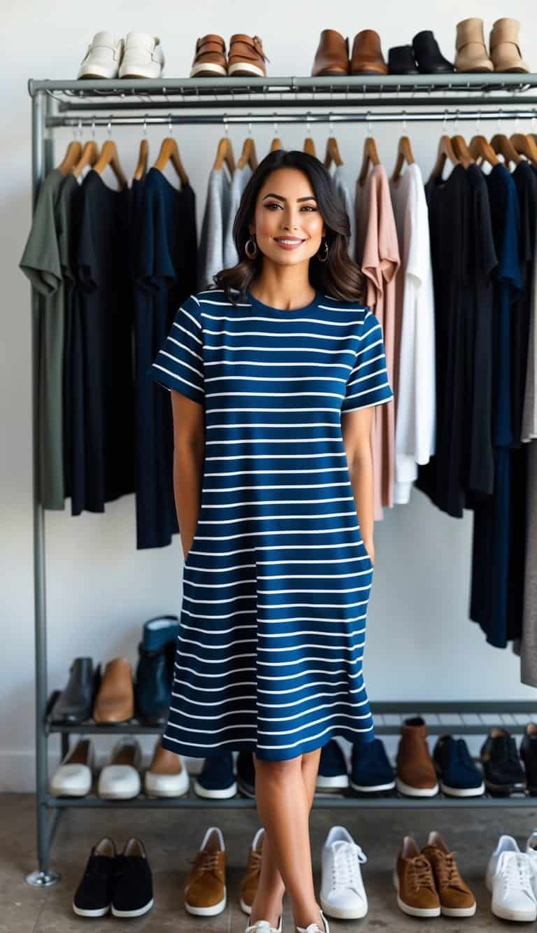 A striped t-shirt dress hanging on a clothing rack surrounded by casual shoes and accessories
