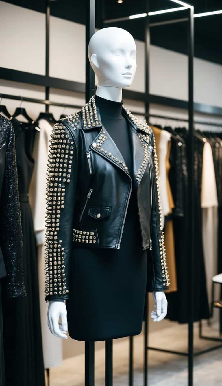 A studded leather jacket hangs on a sleek, black mannequin amidst a display of elegant and mysterious outfits