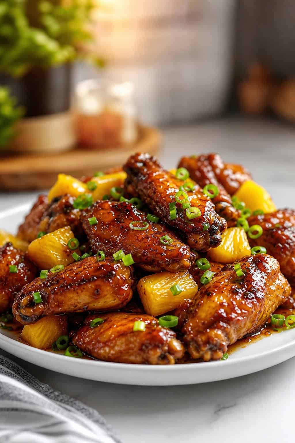 A plate of crispy teriyaki chicken wings garnished with pineapple chunks and green onions.