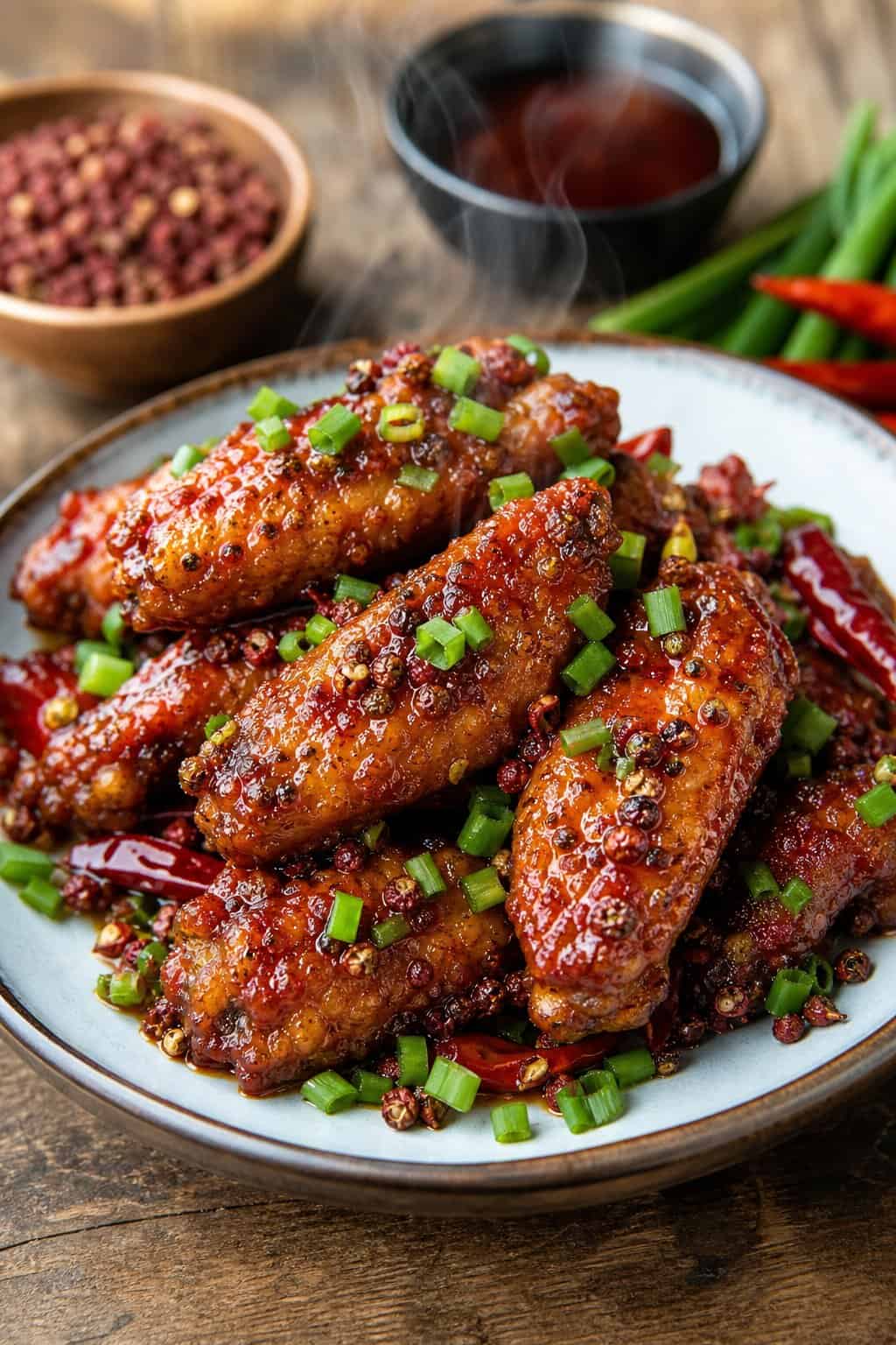 22 Crispy Air Fryer Chicken Wing Recipes 22 A plate of crispy spicy chicken wings topped with chopped scallions on a wooden table with small bowls of spices and sauce in the background.