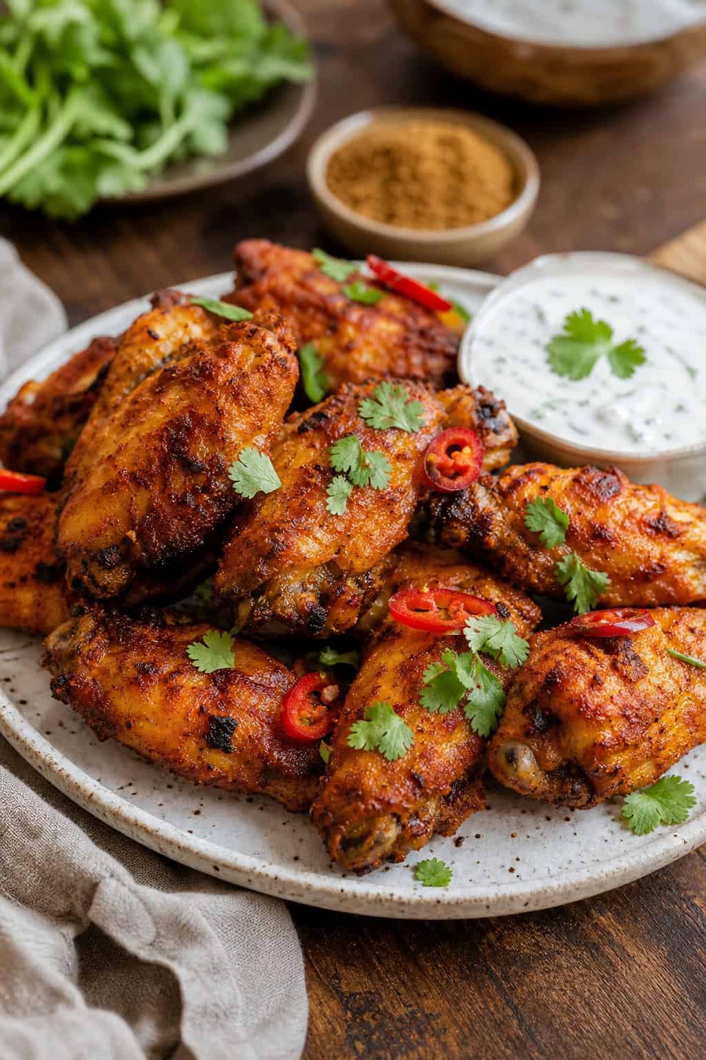 22 Crispy Air Fryer Chicken Wing Recipes 12 A plate of crispy tandoori yogurt-marinated chicken wings garnished with cilantro and red chili slices, served with a bowl of dipping sauce on a wooden table.