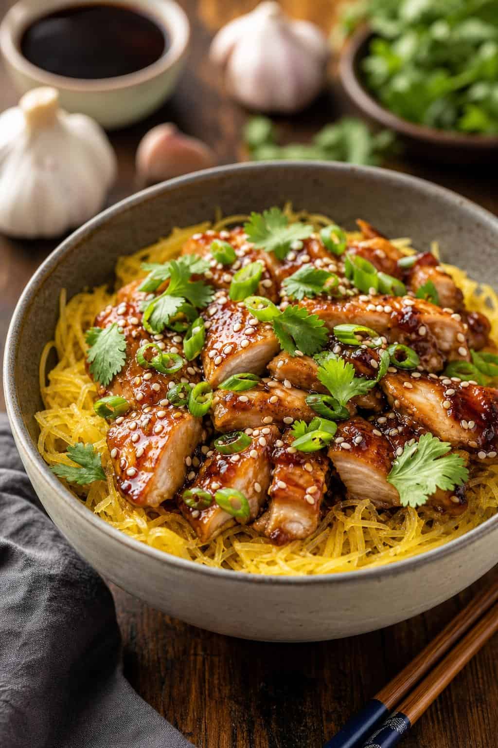 A bowl of teriyaki chicken served over spaghetti squash garnished with green onions and sesame seeds on a wooden table.