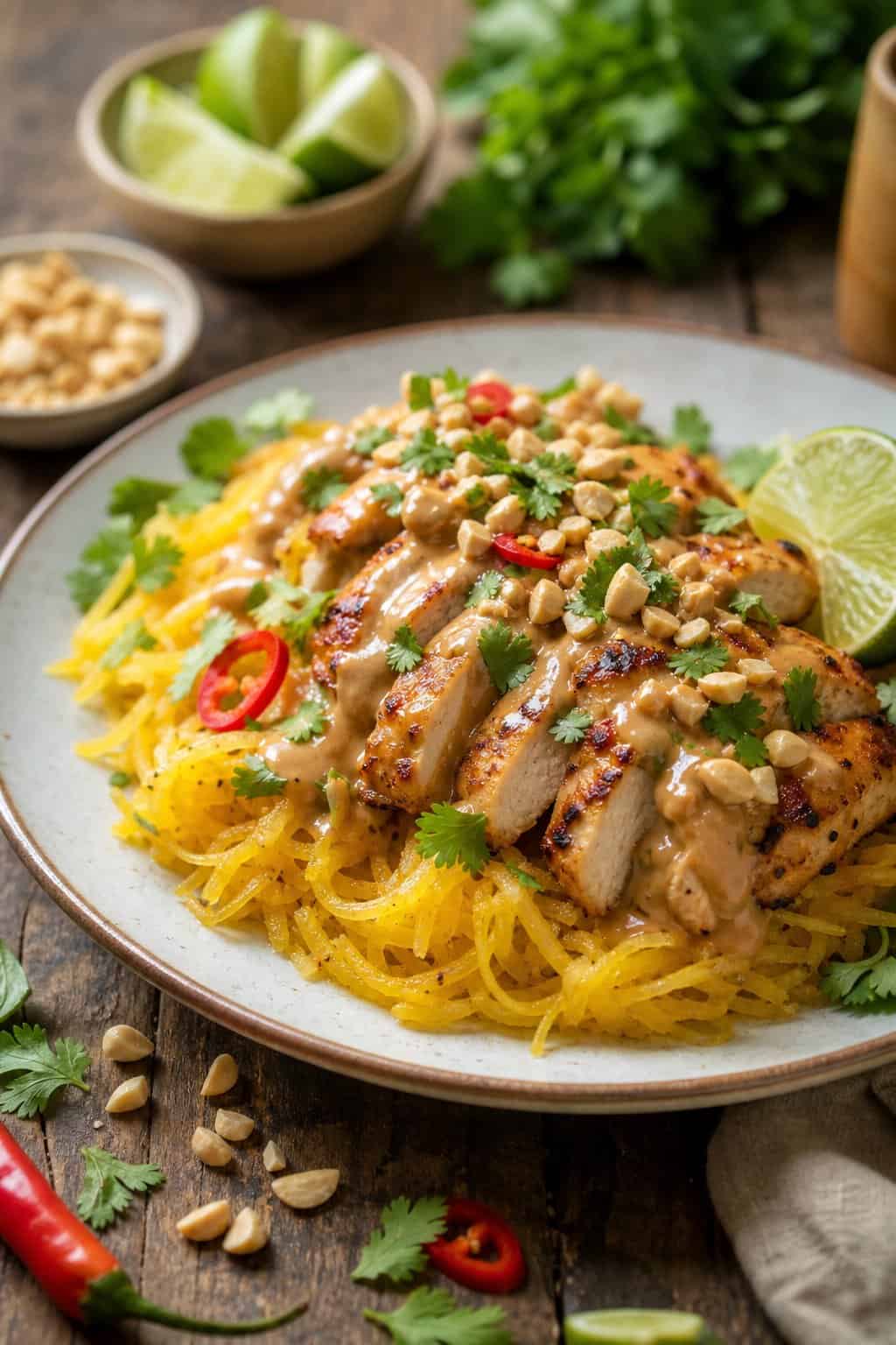 A plate of Thai peanut chicken served over roasted spaghetti squash garnished with peanuts and cilantro on a wooden table.