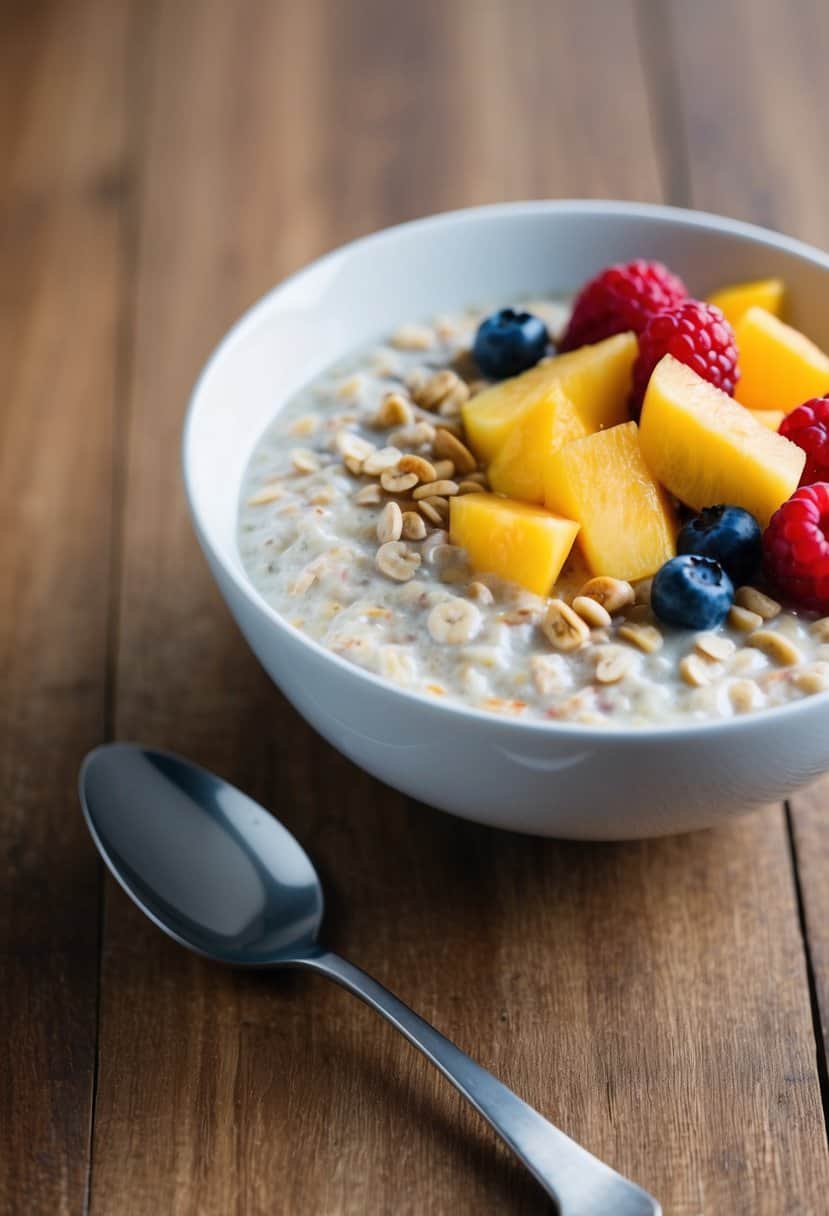 A bowl of overnight oats with tropical fruit toppings on a wooden table with a spoon beside it