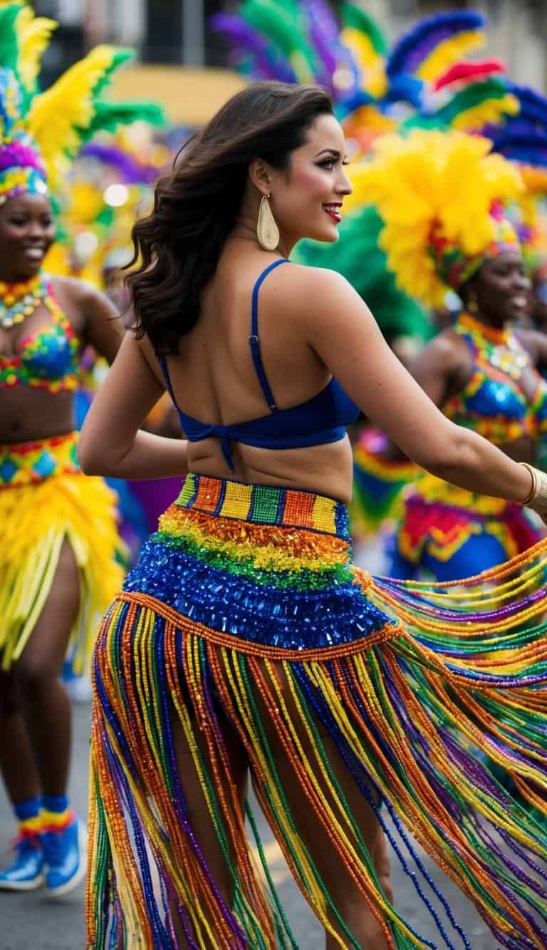 13 Caribbean Carnival Outfit Ideas to Dance in Vibrant Style and Celebrate Life! 5 A colorful beaded fringe skirt swirls and sways amidst a lively Caribbean carnival parade, surrounded by vibrant costumes and dancing revelers