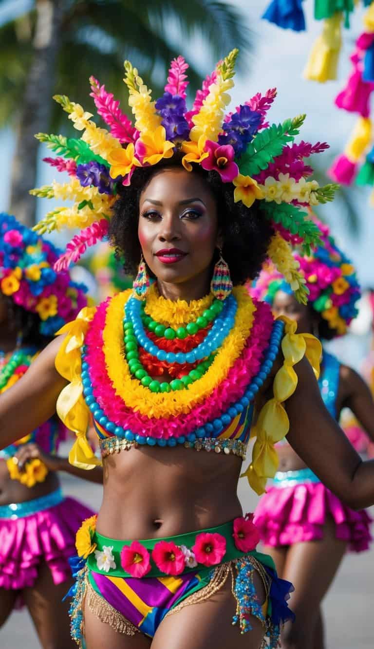 13 Caribbean Carnival Outfit Ideas to Dance in Vibrant Style and Celebrate Life! 8 A colorful array of floral lei accessories adorns a vibrant Caribbean Carnival outfit, ready for dancing