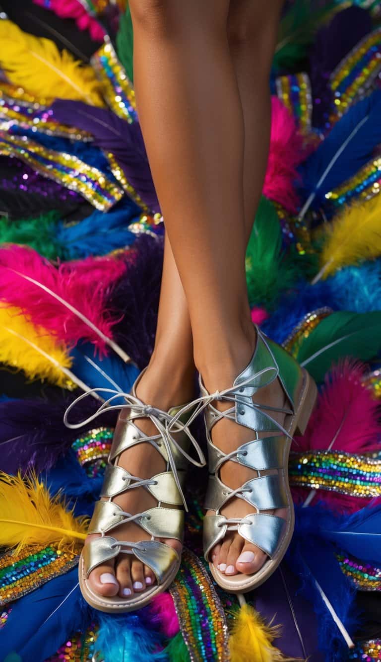 13 Caribbean Carnival Outfit Ideas to Dance in Vibrant Style and Celebrate Life! 10 A pair of metallic lace-up sandals surrounded by colorful feathers, sequins, and vibrant fabrics, evoking the energy and excitement of a Caribbean carnival