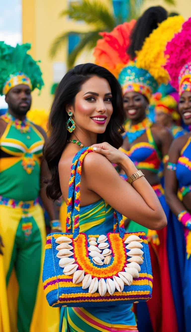 13 Caribbean Carnival Outfit Ideas to Dance in Vibrant Style and Celebrate Life! 11 A colorful handbag adorned with shells, set against a backdrop of vibrant Caribbean carnival outfits, creating a lively and festive atmosphere