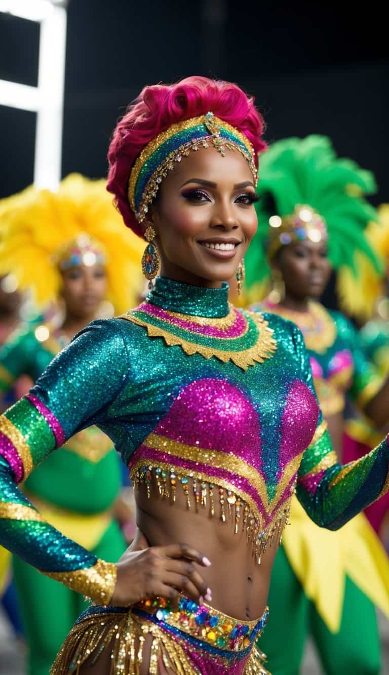 13 Caribbean Carnival Outfit Ideas to Dance in Vibrant Style and Celebrate Life! 14 Colorful body glitter sparkles on a vibrant Caribbean carnival outfit, ready for dancing