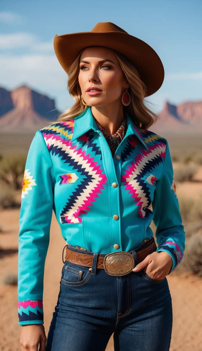13 Turquoise Western Outfit Ideas to Make You Shine All Season Long! 9 A vibrant turquoise Aztec print jacket paired with western accessories in a desert landscape