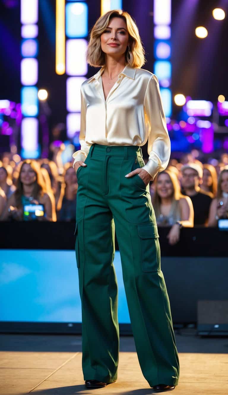 15 Cargo Pants Concert Outfit Ideas for Functional Fashion That Will Make You Stand Out! 15 A pair of wide-leg cargo pants paired with a satin blouse, set against a backdrop of concert lights and a lively crowd