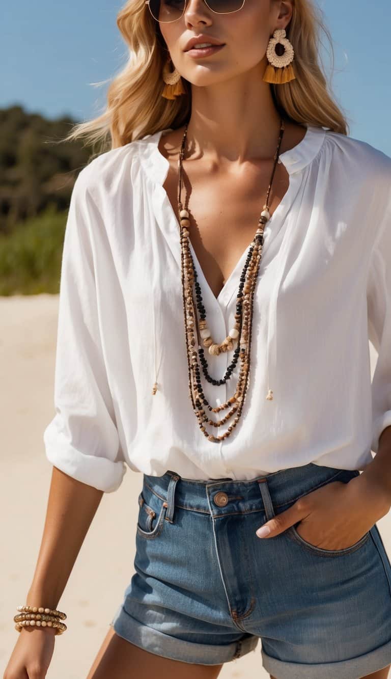 14 Simple Summer Outfit Ideas for Casual Days That You'll Absolutely Love! 14 A boho necklace draped over a white cotton blouse paired with denim shorts and sandals, set against a backdrop of a sunny beach