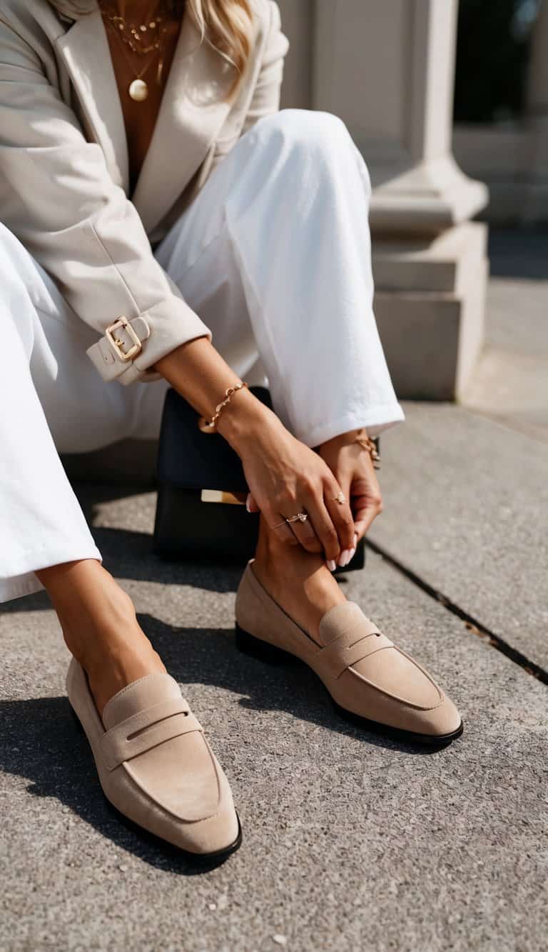 A pair of beige suede loafers placed next to a stylish summer outfit, consisting of elegant and chic clothing items, creating a sophisticated look