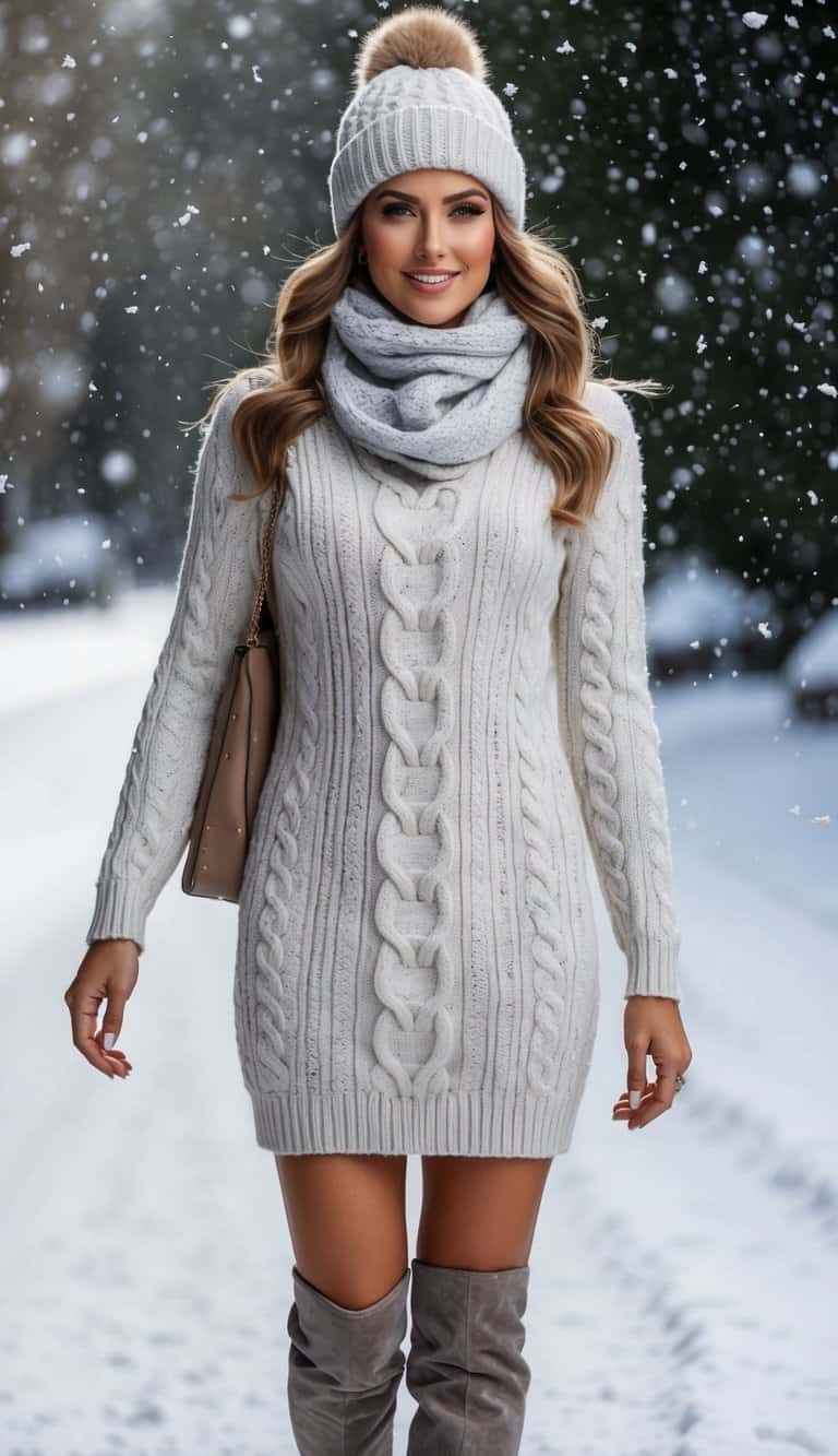 A cozy cable knit sweater dress paired with boots, a scarf, and a beanie, surrounded by falling snowflakes