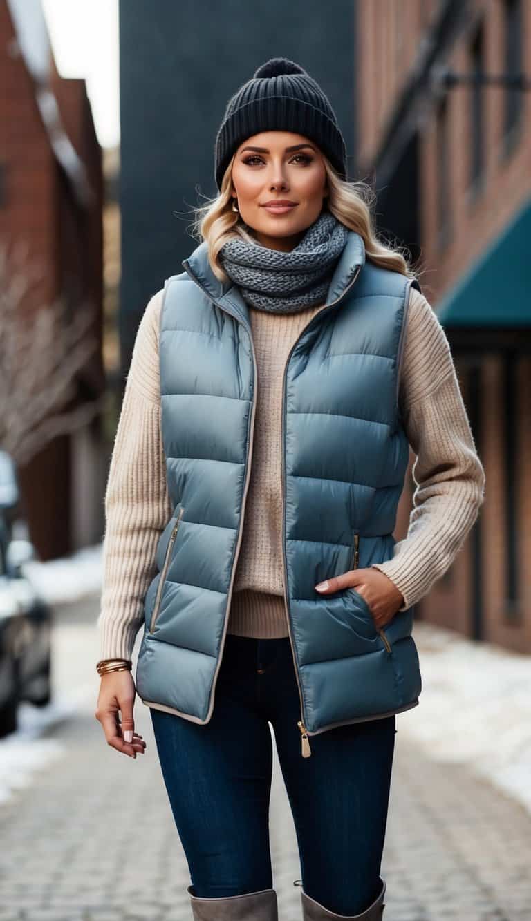 A cozy quilted puffer vest layered over a sweater and paired with boots, beanie, and scarf, creating a stylish winter outfit