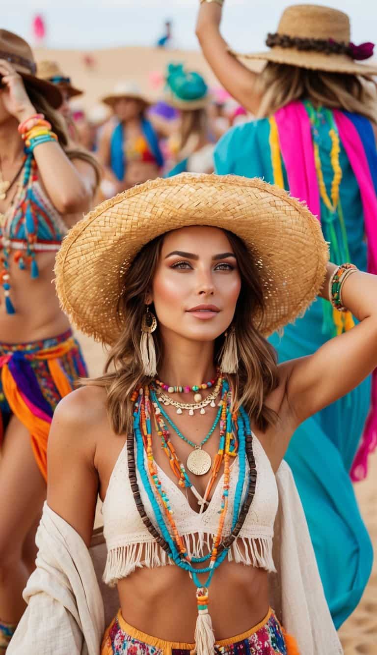 16 Coachella Outfit Ideas for Festival Vibes That Will Make You Shine! 8 A wide-brim straw hat surrounded by vibrant festival outfits, with bohemian accessories and flowing fabrics, set against a desert backdrop with music and dancing