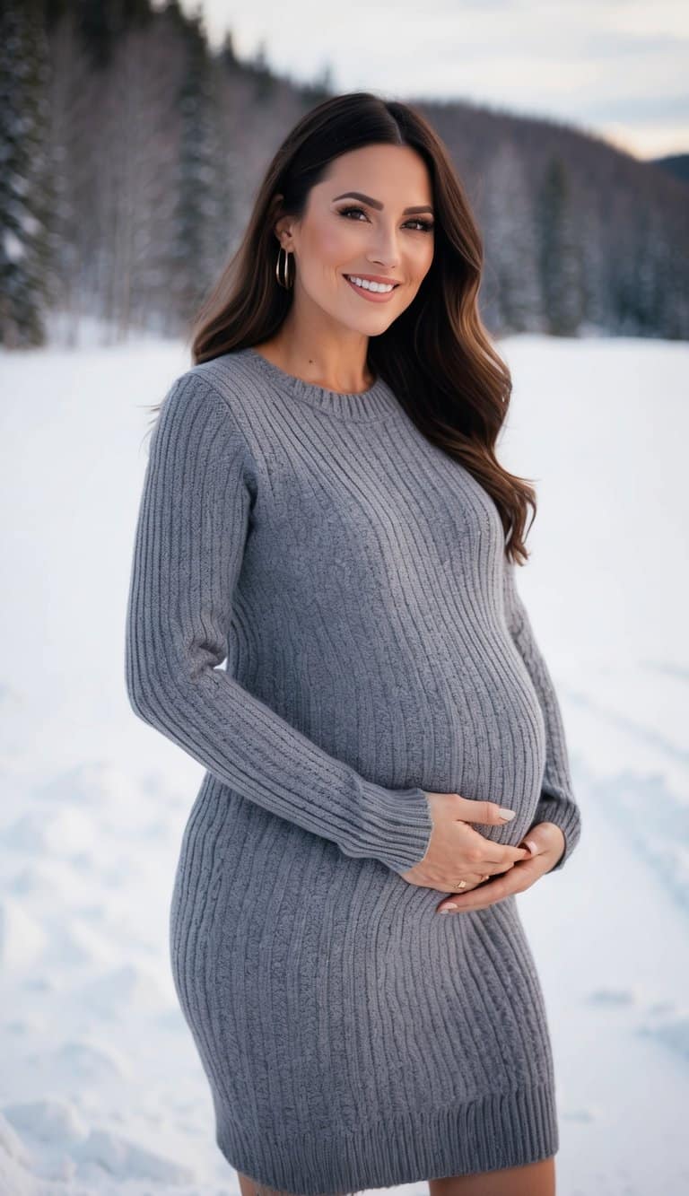 A pregnant woman in a cozy knit sweater dress, surrounded by winter scenery, with a stylish and comfortable maternity outfit