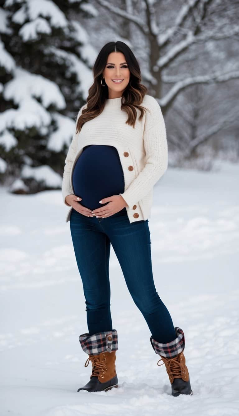 A pregnant woman wearing flannel-lined maternity jeans, a cozy sweater, and boots, standing in a snowy winter landscape with snow-covered trees in the background