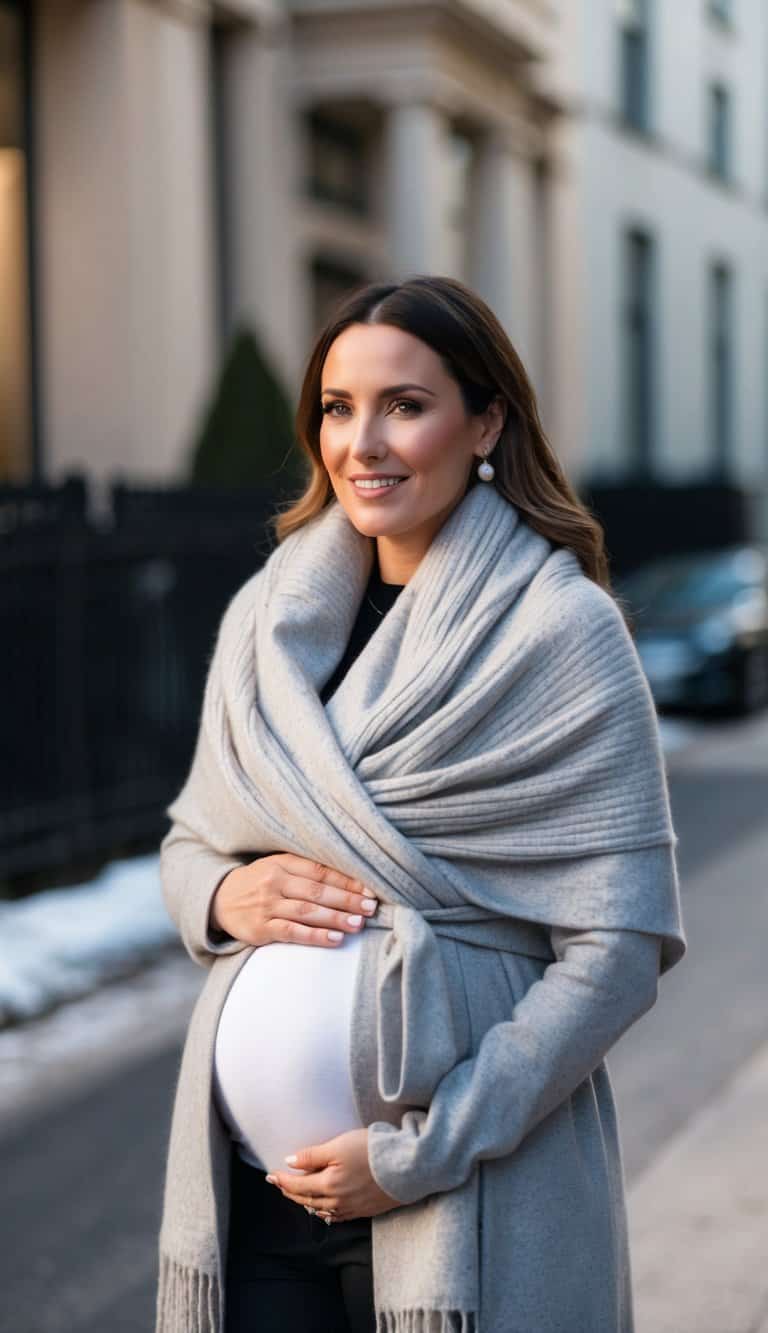 A pregnant woman wearing a cozy cashmere wrap scarf, styled in a fashionable winter maternity outfit